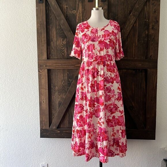 NWT Floral Midi Summer Tiered Dress with Ruffle Sleeves and Pockets - Picture 3 of 15